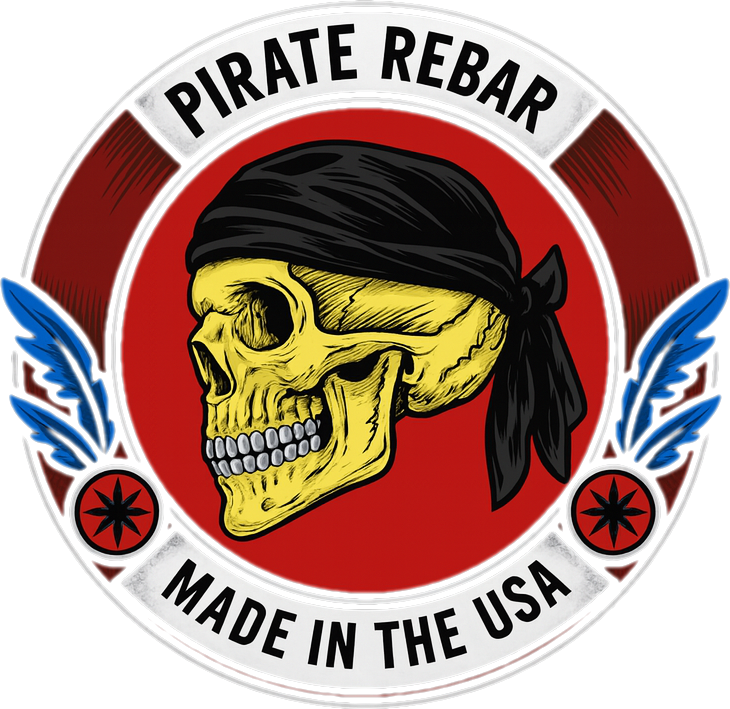 Pirate Rebar logo: yellow skull with black bandana inside a red circle, flanked by blue and red wings