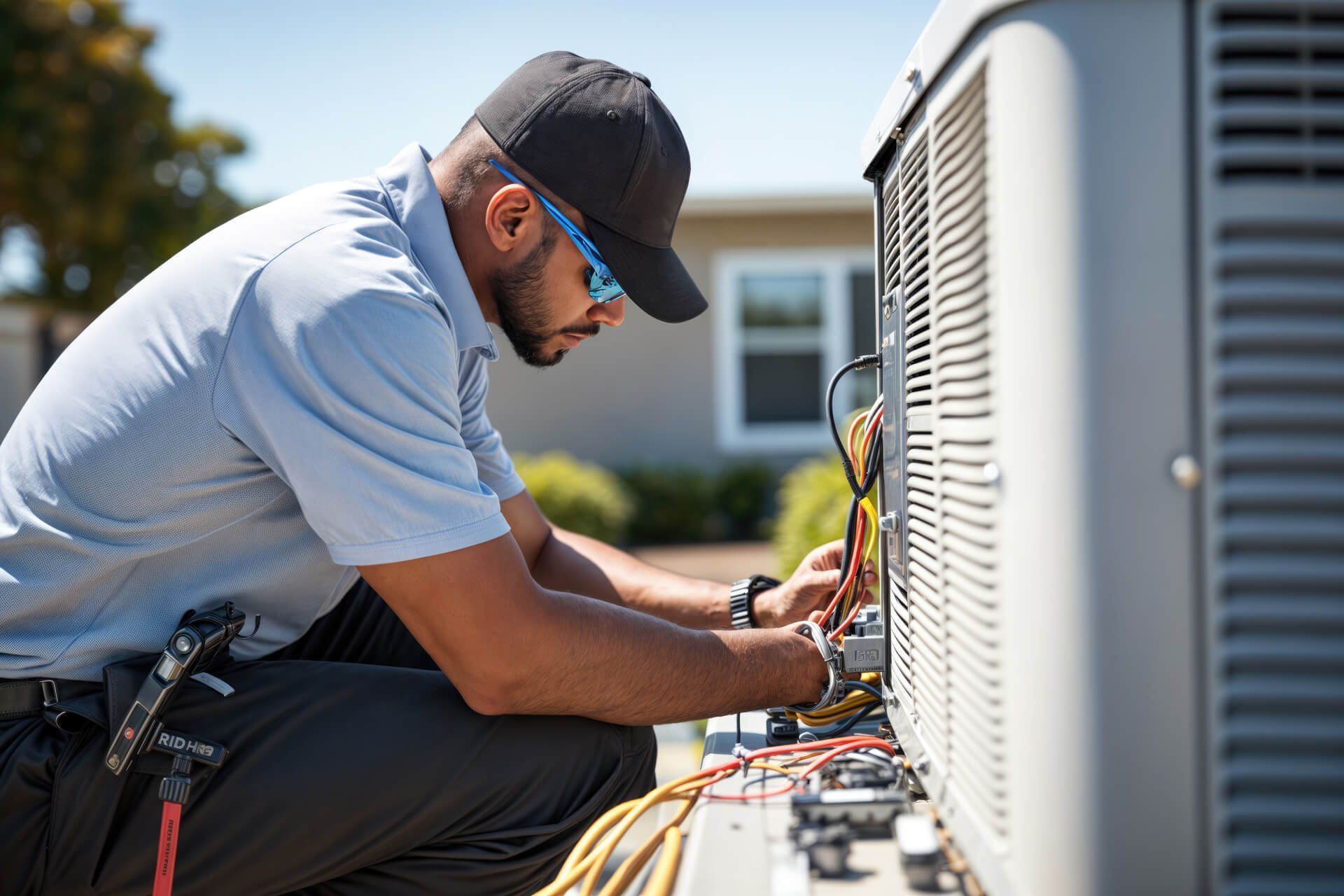 HVAC technician in cap and sunglasses working on an air conditioning unit outside a house.
