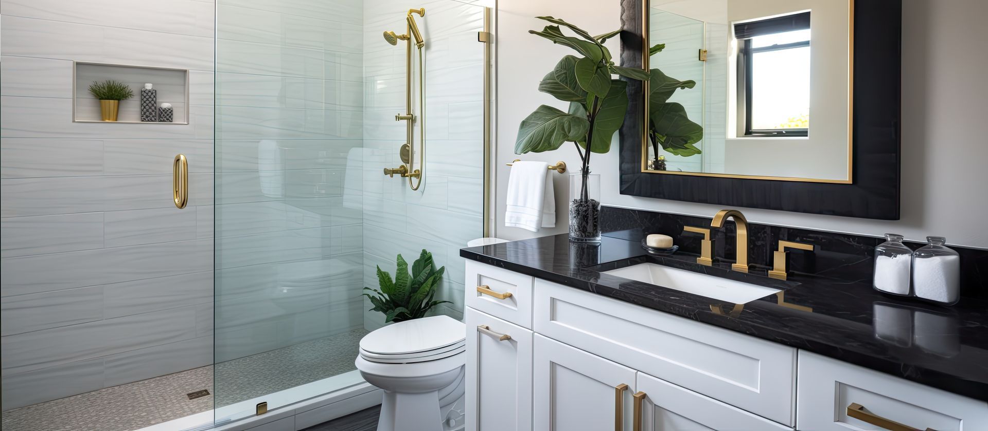 Custom shower glass doors frameless enclosure in luxury bathroom with gold fixtures. Custom shower glass doors frameless enclosure in luxury bathroom with gold fixtures.