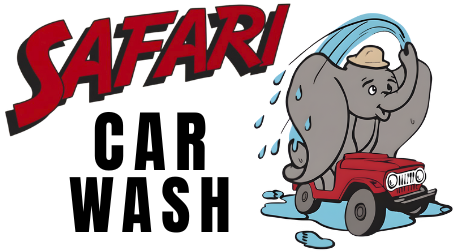 Safari Car Wash logo: An elephant in a safari hat spraying a red jeep with water.