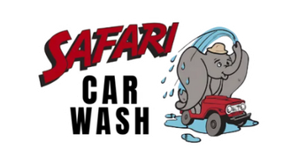 Safari Car Wash logo: Elephant driving a red jeep, spraying water.