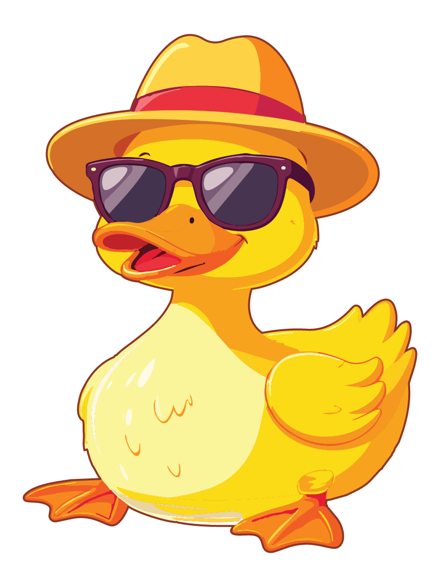 Yellow duck wearing sunglasses and a straw hat on a white background