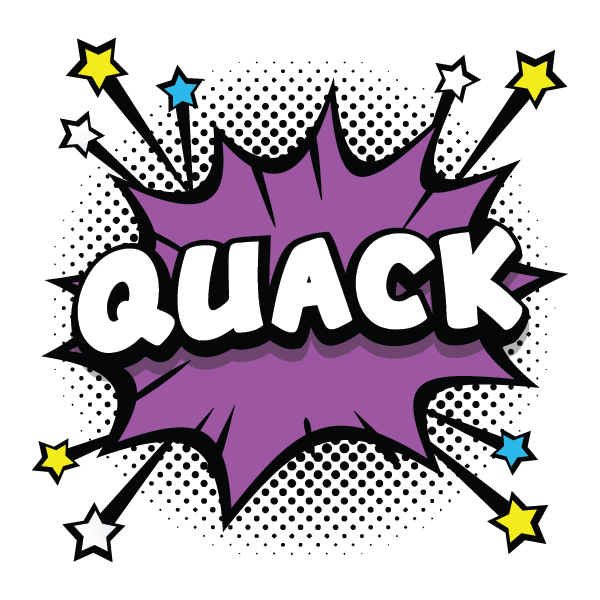 Purple comic-style burst with “QUACK” in bold white letters and small stars on a dotted background