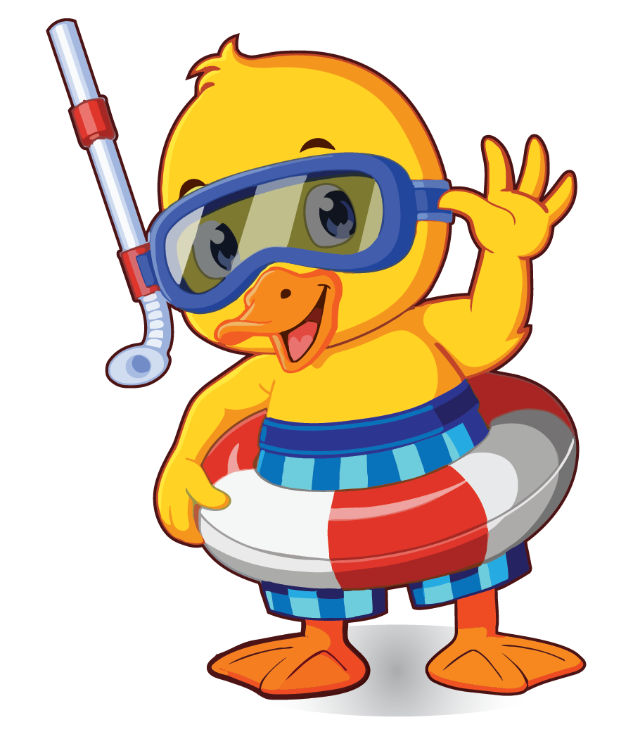 Cartoon duck in snorkel mask and life preserver, waving beside a diving snorkel in blue water gear
