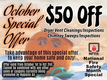 October special: $50 off dryer vent/chimney cleaning. Pumpkin with sunglasses on a beach, for National Fire Safety Month.