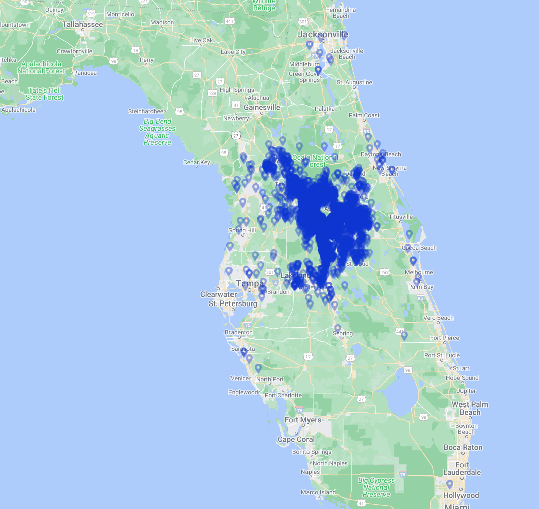 A map of florida with a large blue area in the middle.