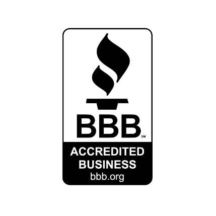 A black and white logo for an accredited business.