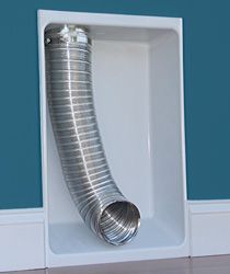 A stainless steel hose is coming out of a white box.