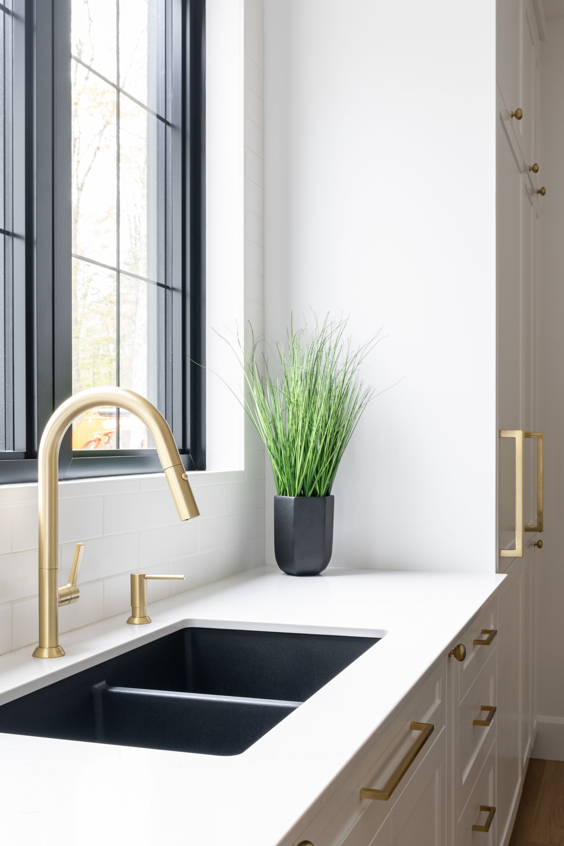 Un évier de cuisine avec un robinet doré et une plante en pot sur le comptoir.