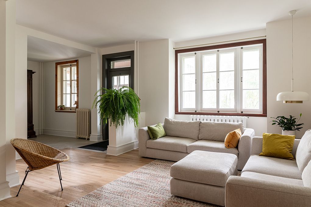 Un salon avec un canapé, une chaise et une fenêtre.