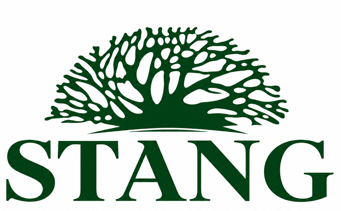 Green tree graphic above the word “STANG” in dark green serif letters