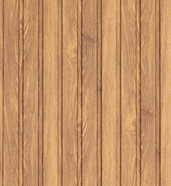 Cocina moderna con gabinetes blancos, pared de madera, isla de mármol y luces colgantes.