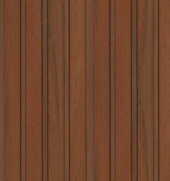 Baño con pared de listones marrones, espejo redondo con marco negro, lavabo blanco y mueble blanco y negro.