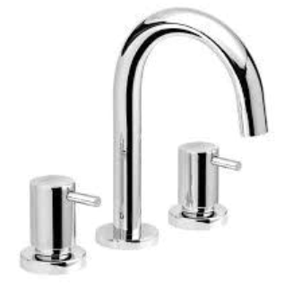 Grifo cromado con dos manijas de palanca sobre superficie blanca, fondo gris.