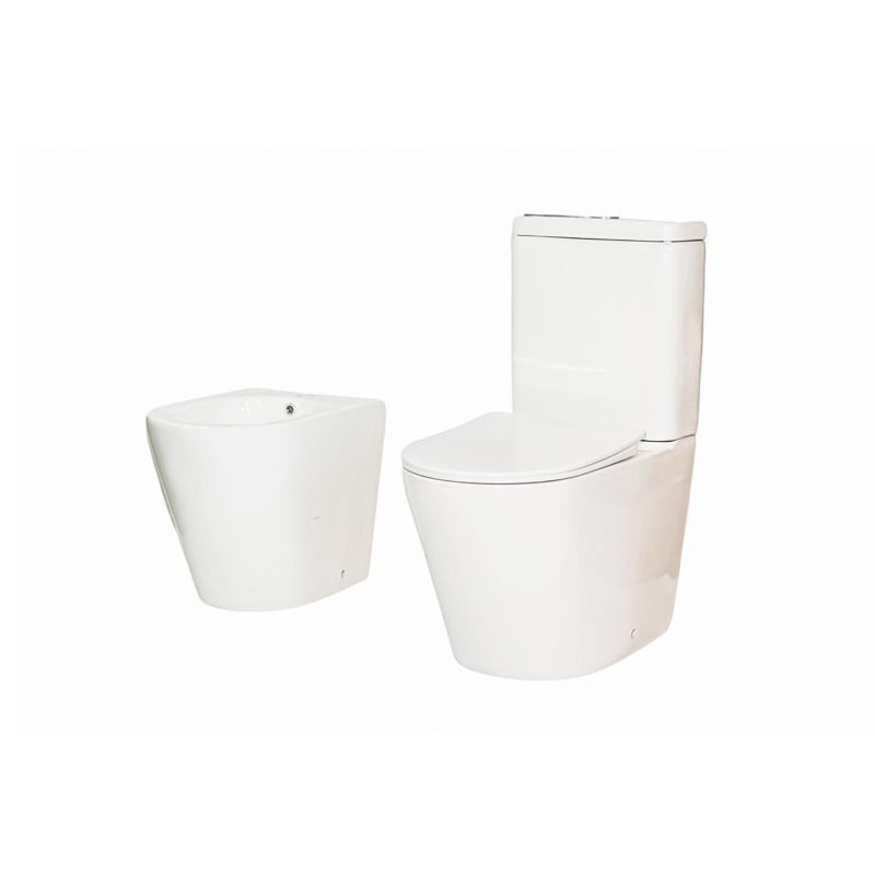 Conjunto de inodoro y bidé moderno de color blanco sobre fondo blanco.