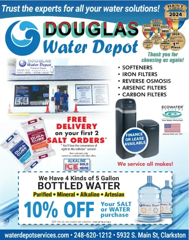 Advertisement for Douglas Water Depot: Offers water solutions, including softeners, filters, and bottled water with discounts and free delivery.