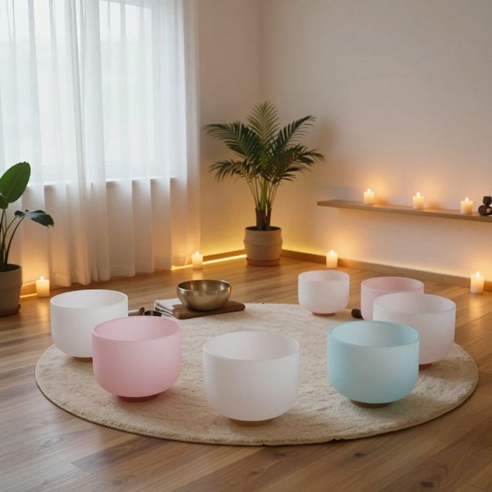 Candle-lit crystal bowl sound healing space for breathwork and nervous system regulation session
