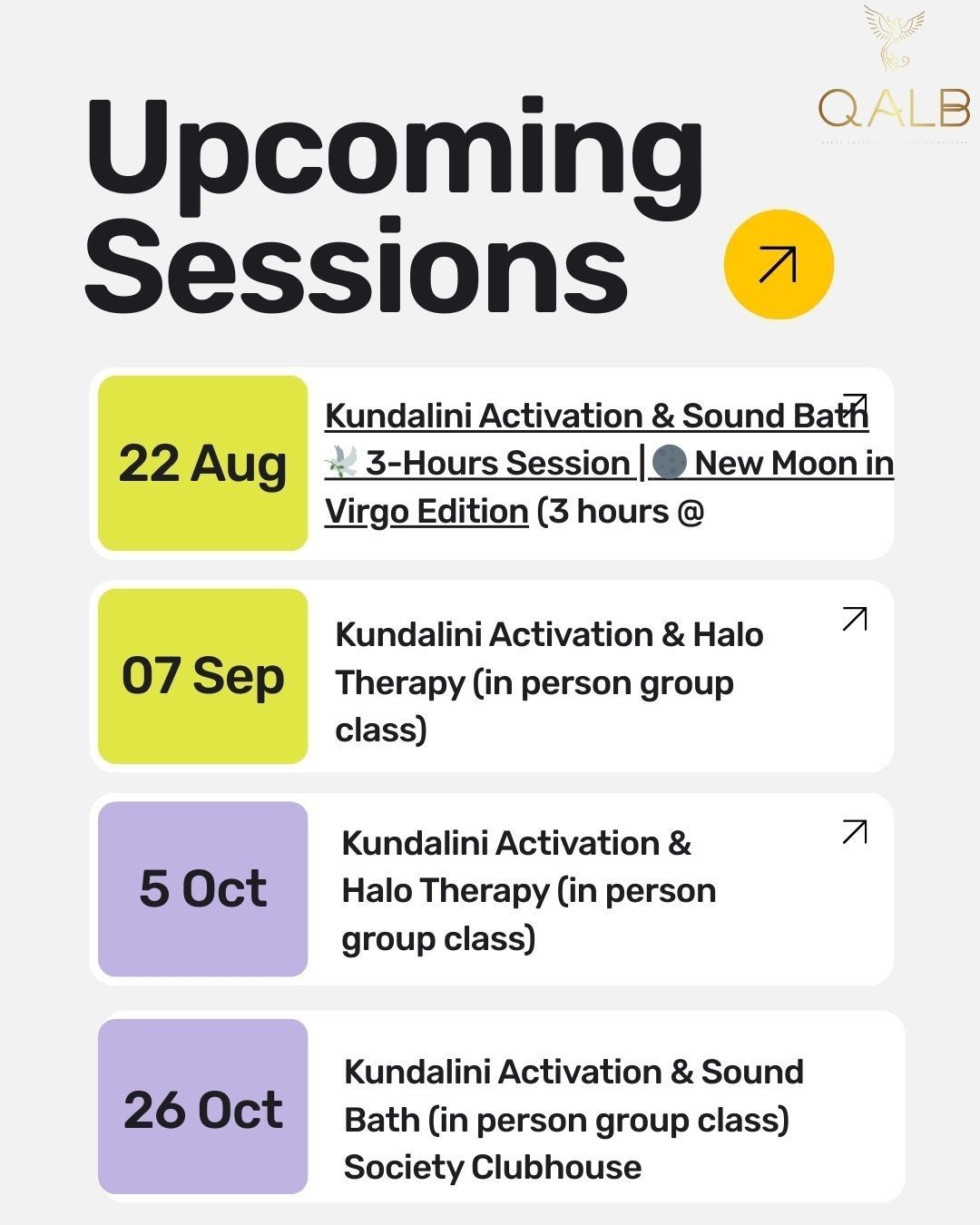 Upcoming sessions for Kundalini activation, sound baths, and halo therapy.