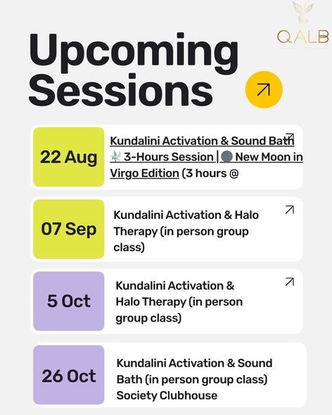 Upcoming sessions for Kundalini activation, sound baths, and halo therapy.