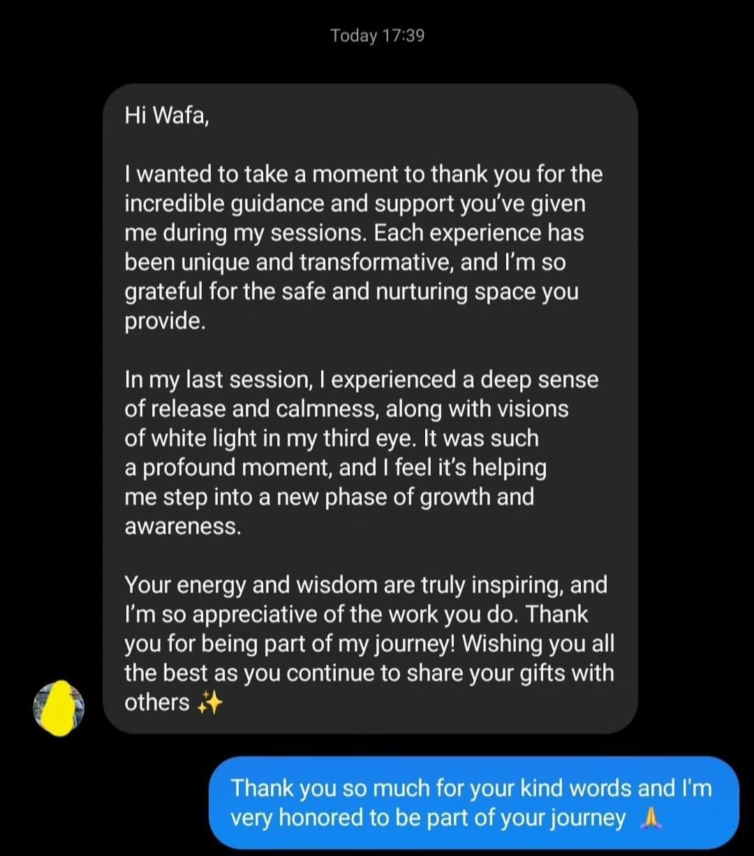 Text message praising Wafa for guidance and support, noting transformative experiences.