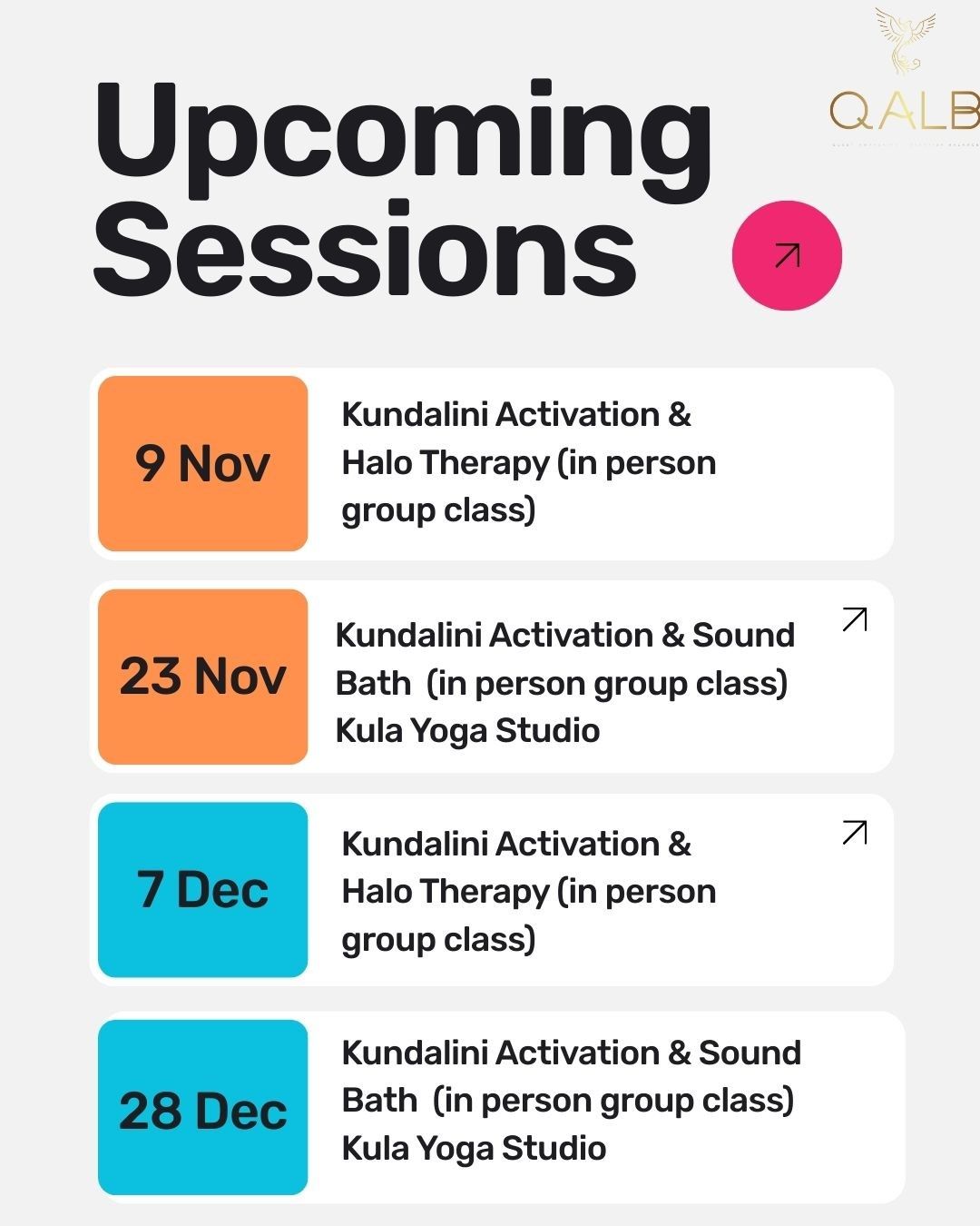 Upcoming sessions for Kundalini activation & therapy at Kula Yoga Studio. Dates in November and December.