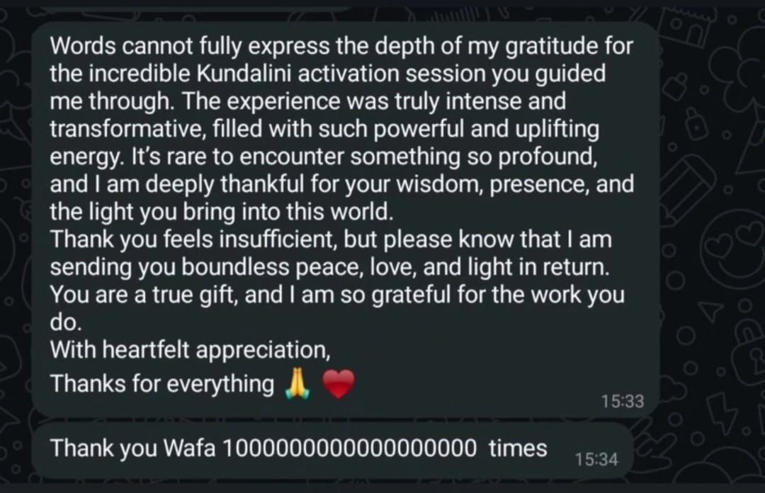 Text messages praising a Kundalini activation session, expressing gratitude and appreciation.