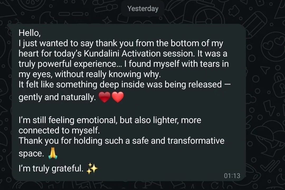 Text message: a thank you note for a Kundalini Activation session, describing an emotional release and feeling grateful.