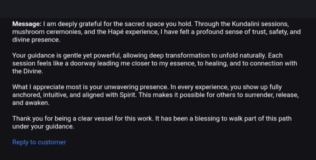 Text message expressing gratitude for spiritual guidance and healing through sessions.