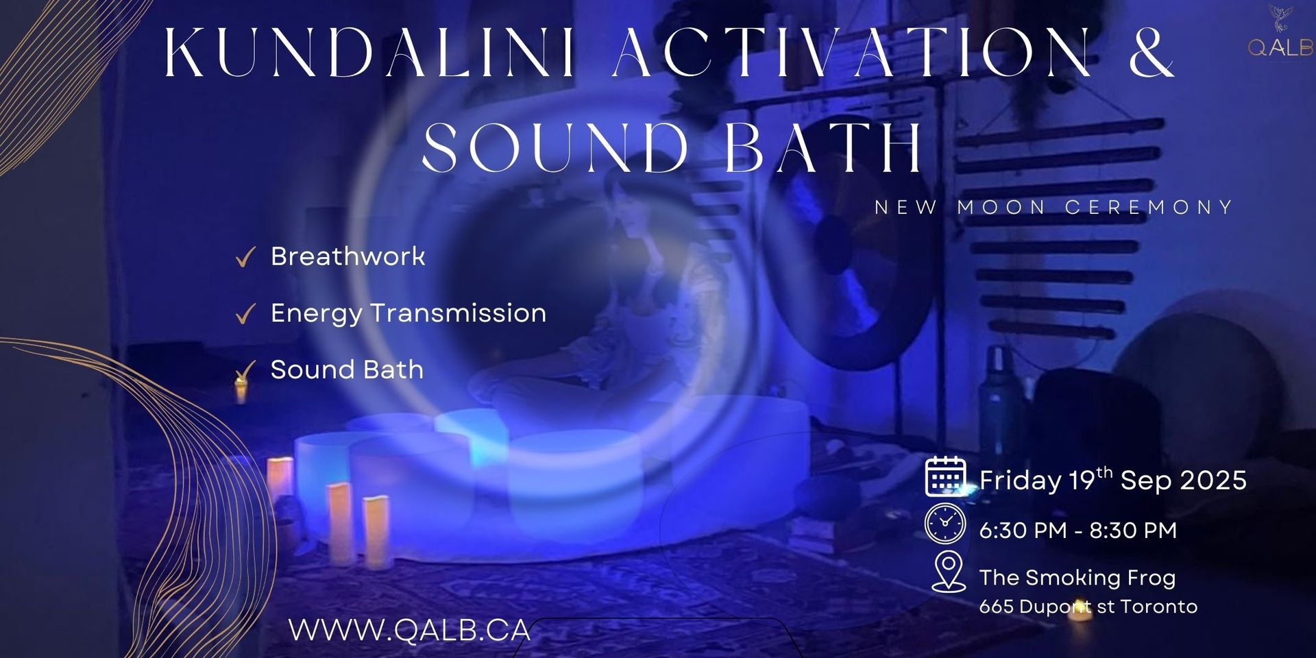 Poster for Kundalini Activation & Sound Bath session with breathwork, energy transformation, and sound bath, Friday 19th Sep 2025.