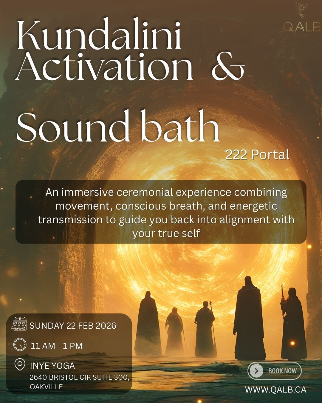 Kundalini activation & sound bath event poster. Includes text, a large sun, and figures. Sunday, Feb 2028.