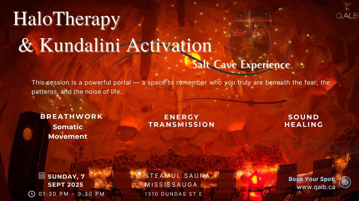 Poster for HaloTherapy and Kundalini Activation in a salt cave. Features text and a fiery background.