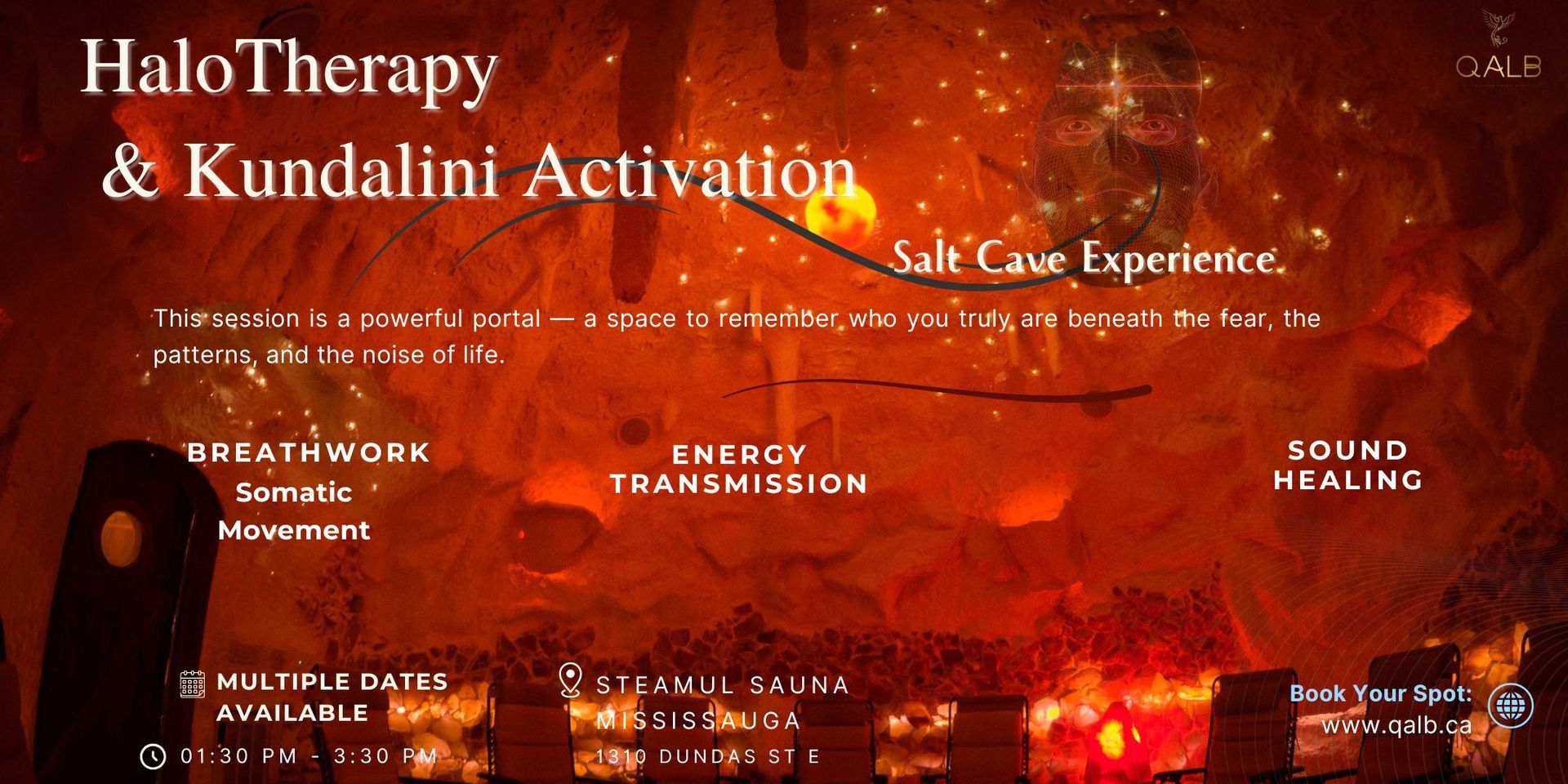 Poster for HaloTherapy & Kundalini Activation event in a salt cave, with text and visual elements, including 
