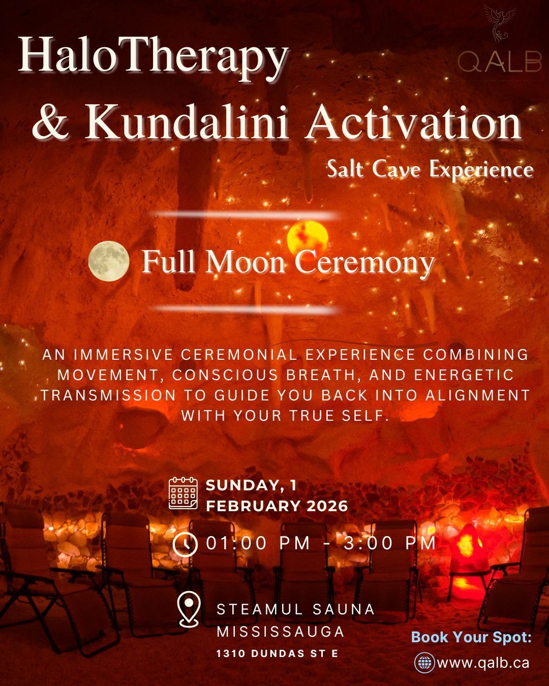 Poster for HaloTherapy & Kundalini Activation event in a salt cave, with text and visual elements, including 