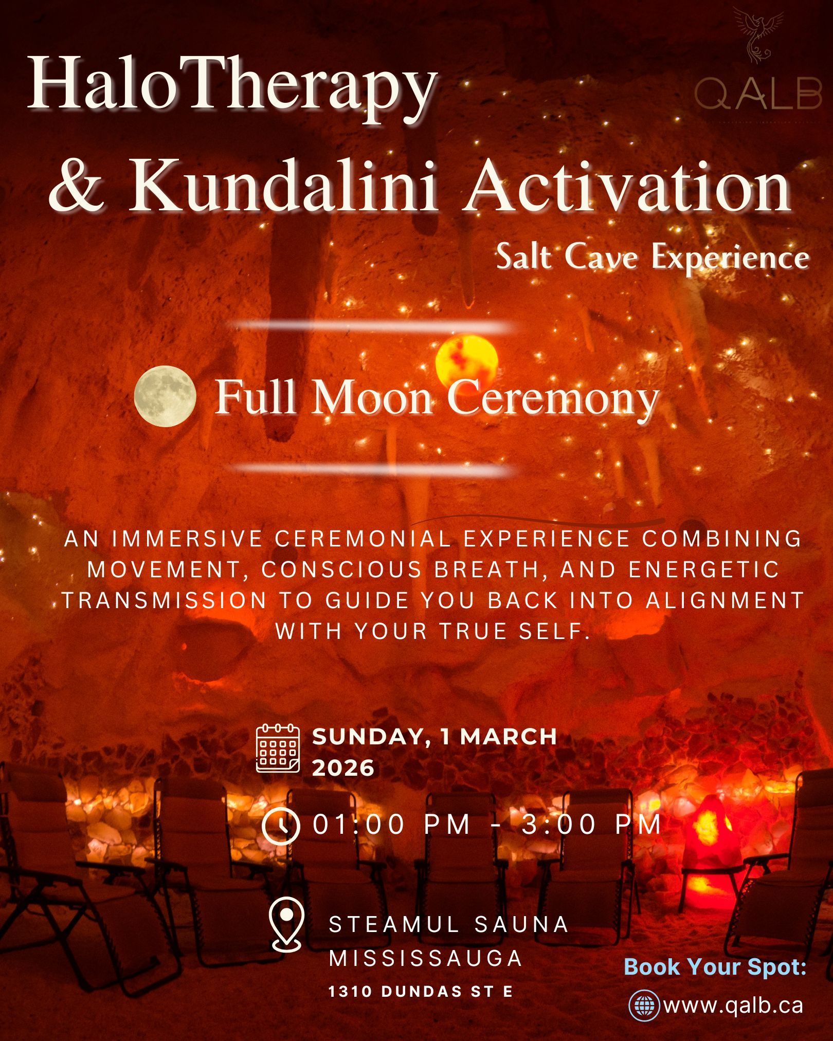 Promotional poster: HaloTherapy and Kundalini Activation Full Moon Ceremony in a salt cave