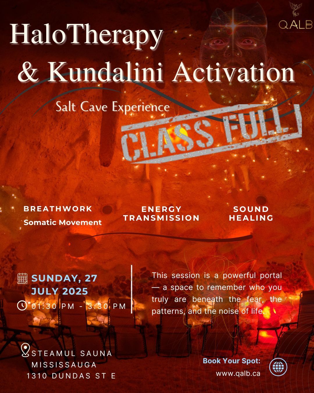 Poster for a HaloTherapy & Kundalini Activation salt cave experience in Mississauga, July 2025. 