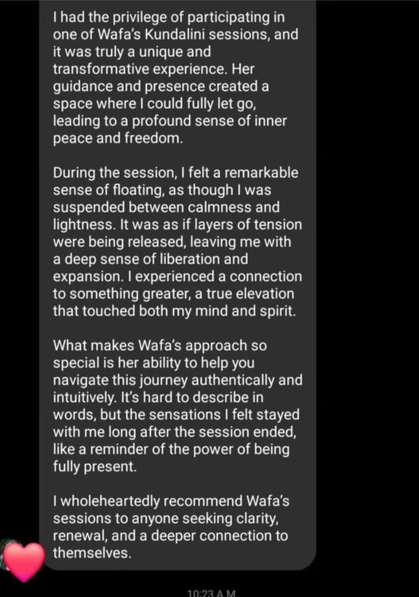 A testimonial praising Wafa's Kundalini sessions: positive experience, profound peace, and lasting connection.