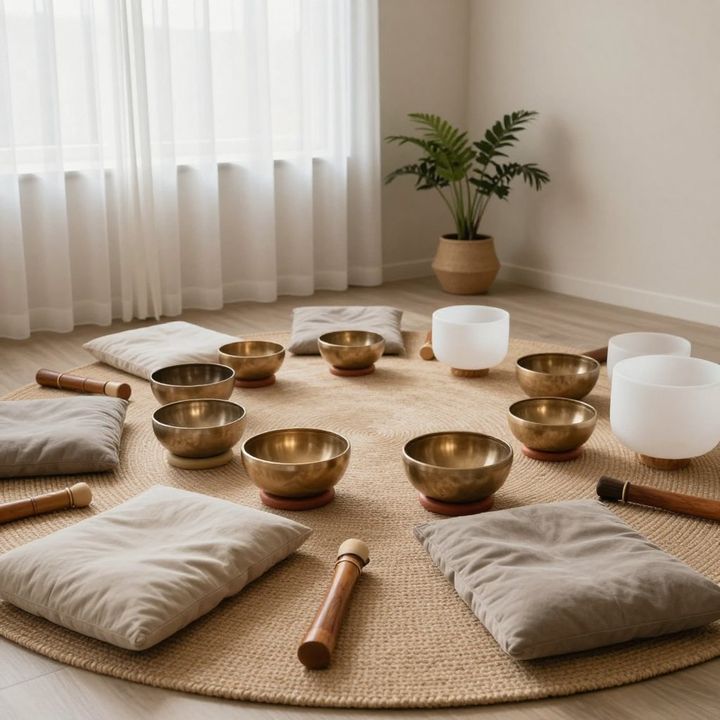 Sound bath setup with crystal singing bowls and meditation cushions for Kundalini activation session in Toronto