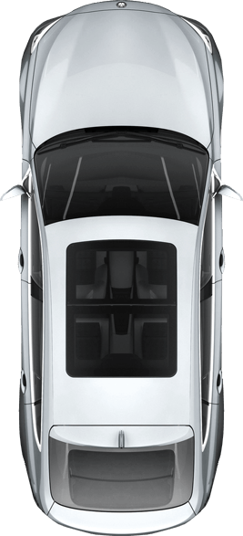 An aerial view of a silver car with a sunroof.