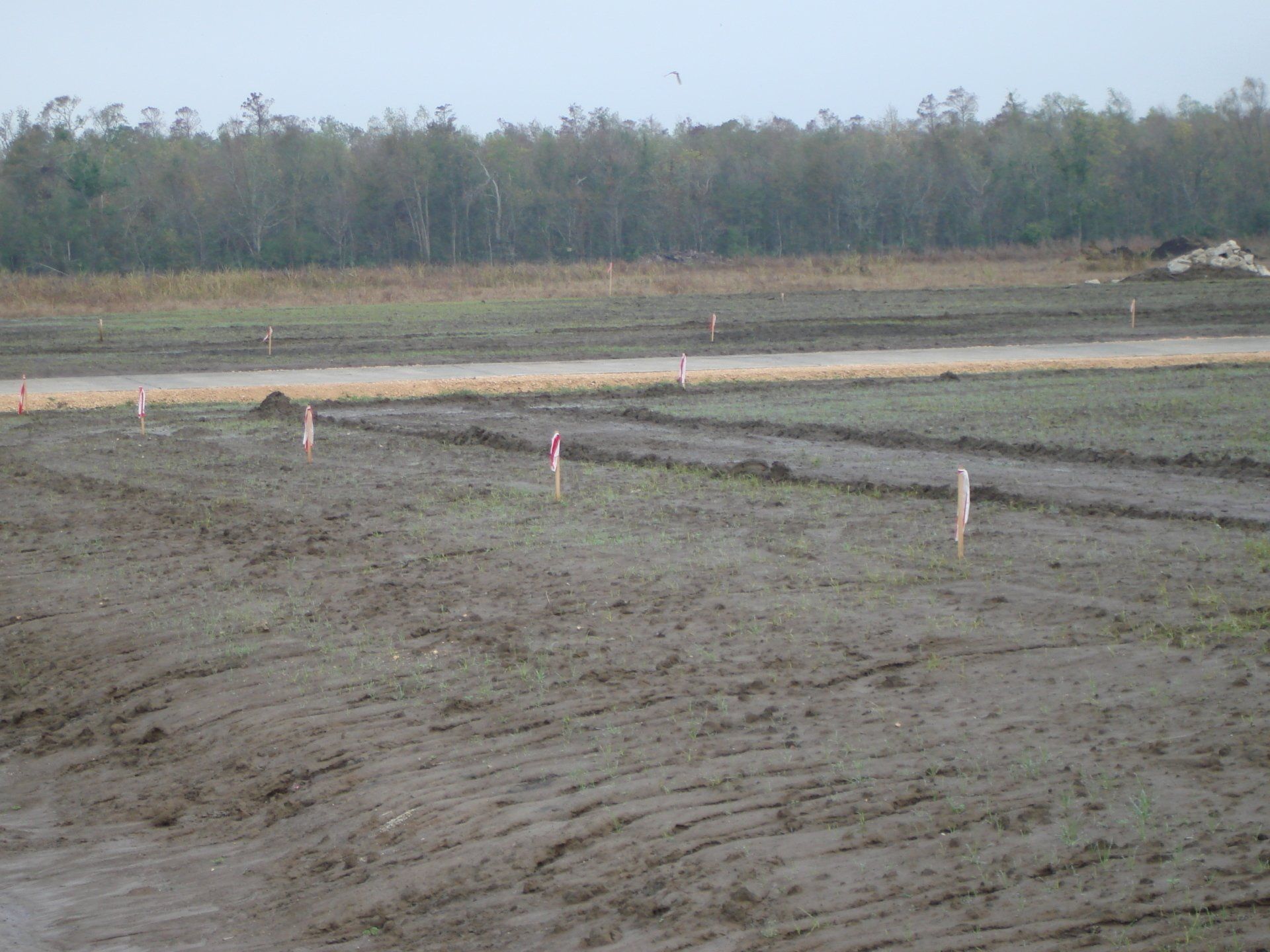 A muddy field with a road and trees in the background