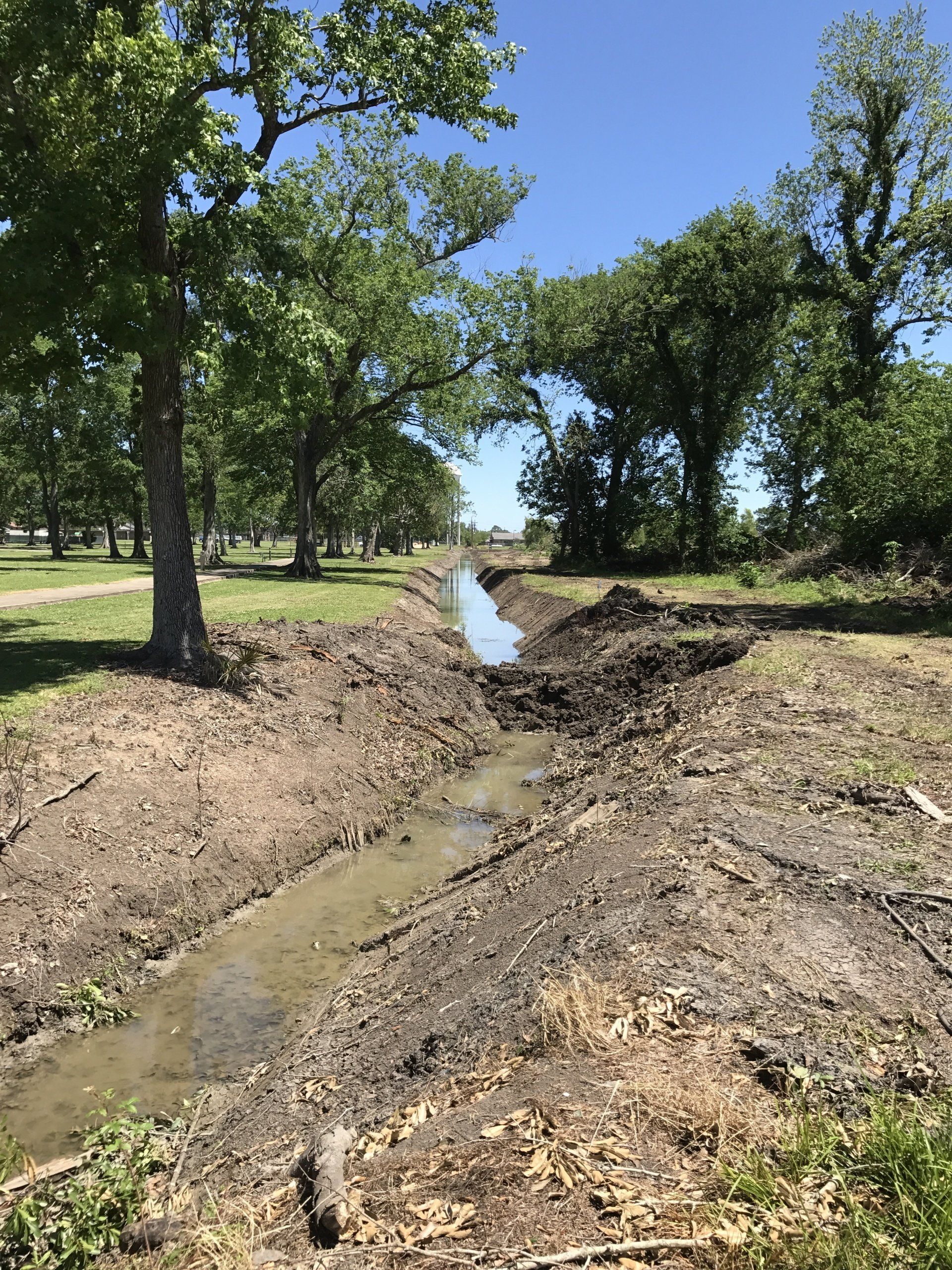 A stream running through a muddy field with trees in the background.