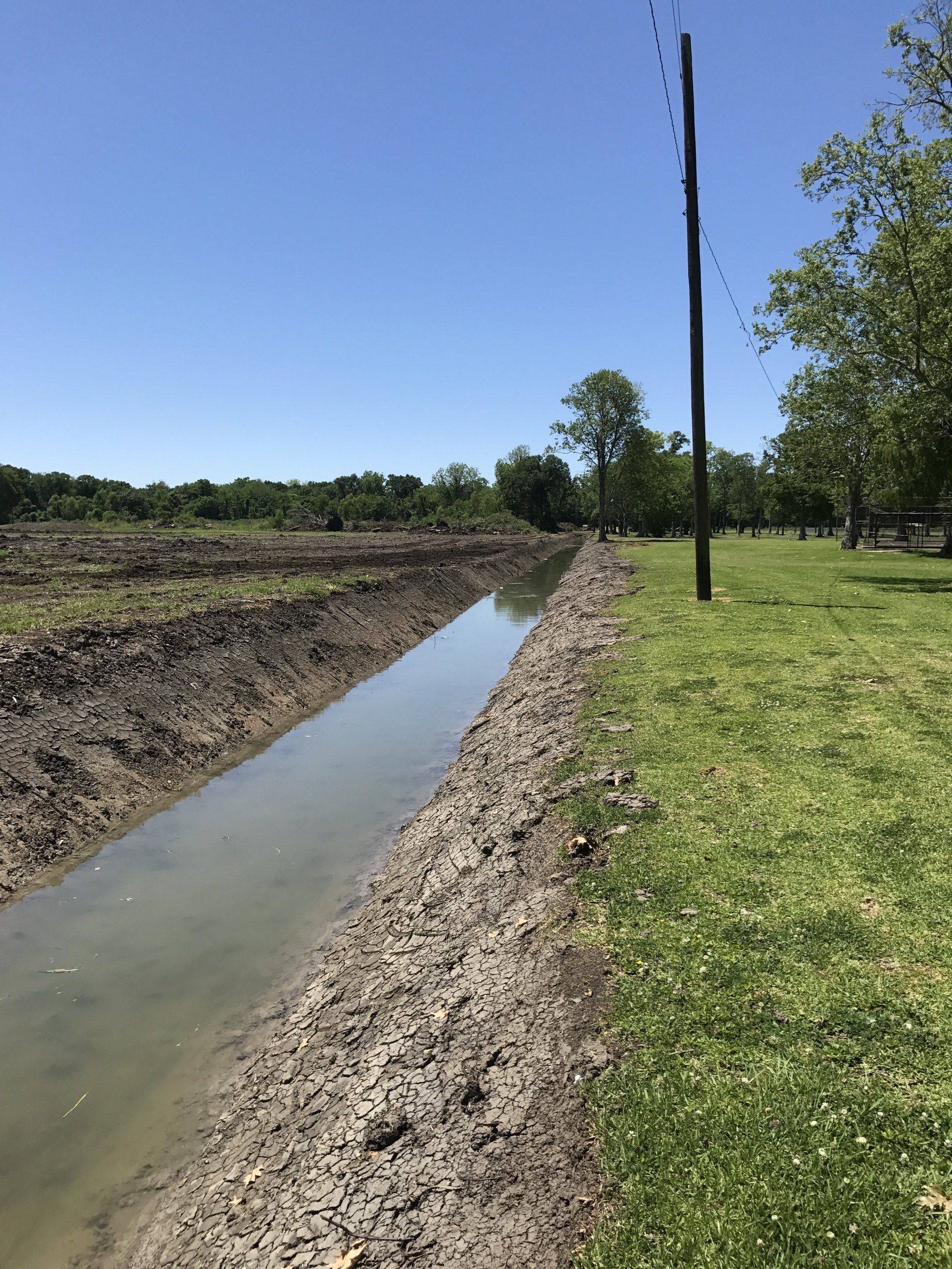 A muddy stream runs through a grassy field.