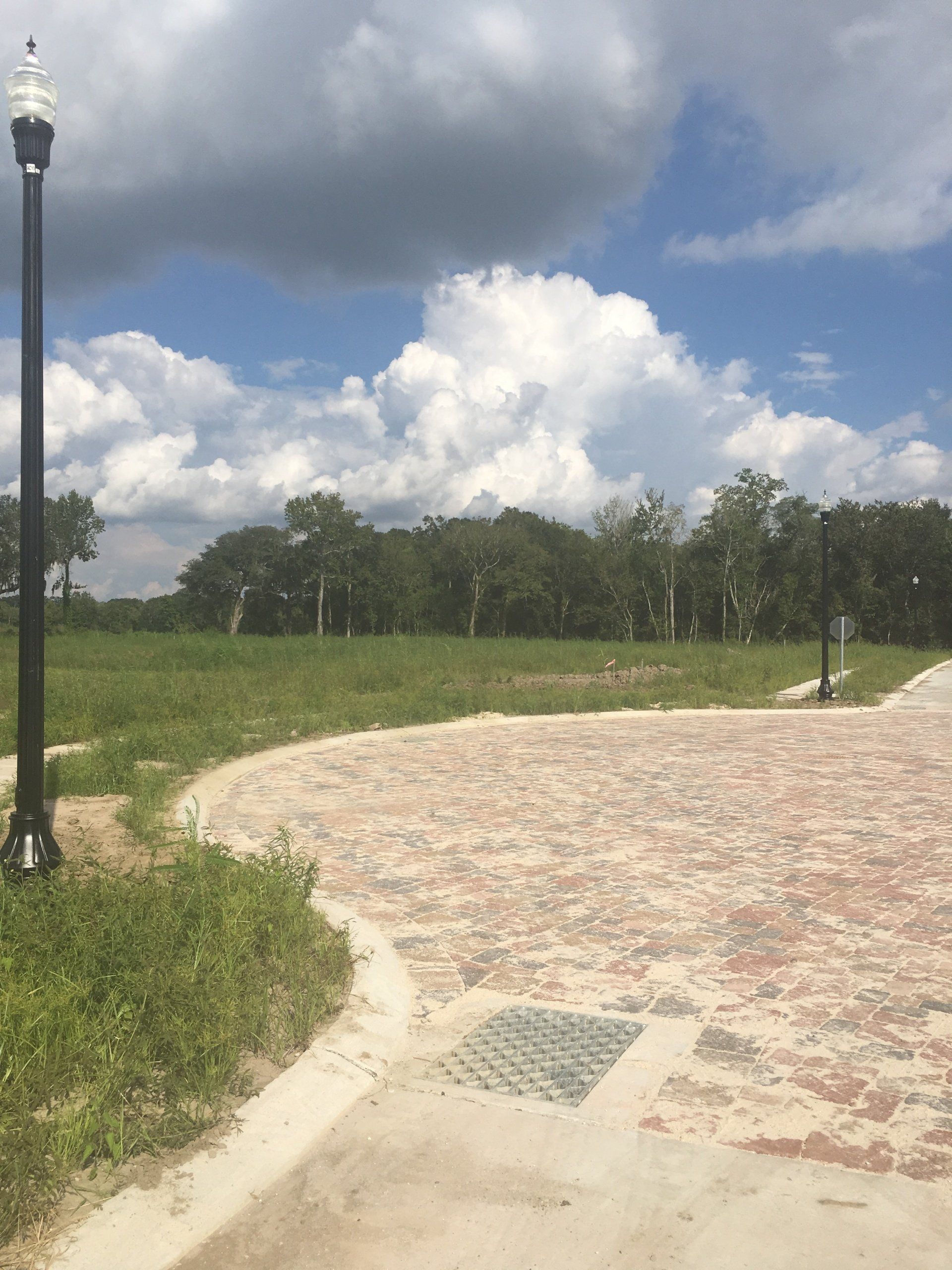 A brick walkway leading to a grassy field with trees in the background