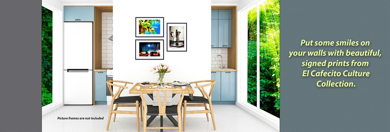 Dining room with table, chairs, art, fridge, and windows. Text on the right: signed prints from El Centro Culture Collection.