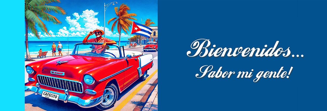 Red convertible parked on a tropical street; text in Spanish welcomes people.