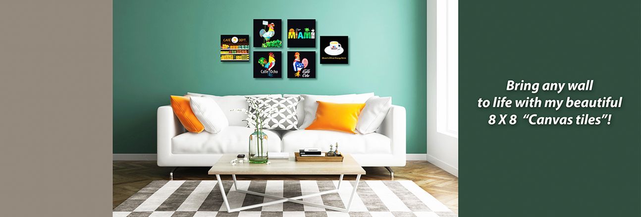Living room with a white couch, orange pillows, and art on the wall. Dark green wall, coffee table, and a rug.