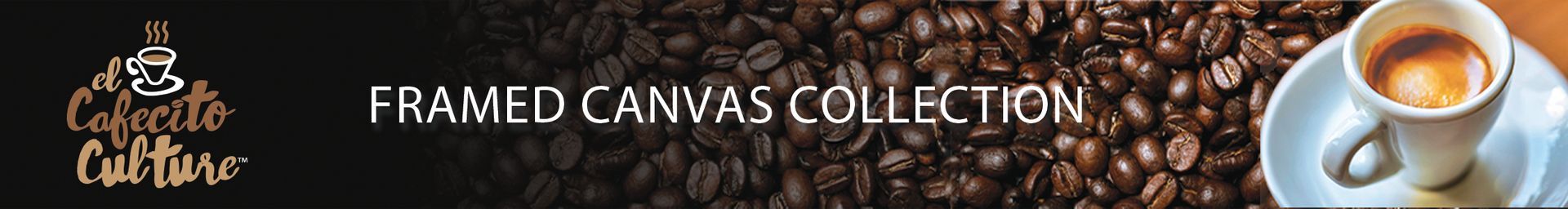 Banner: Coffee cup on coffee beans, text 