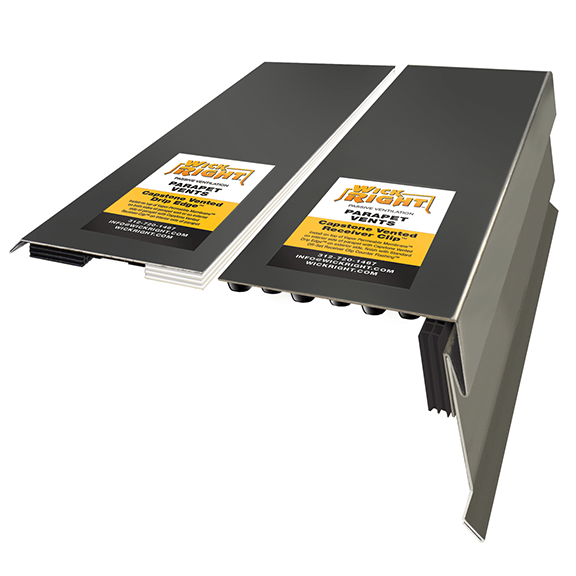 WickRight Vented Drip Edge and Vented Receiver Clip with counter flashing attached. Stainless Steel in stock