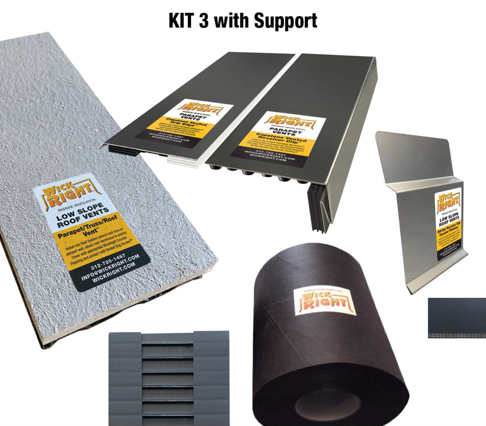 WickRight Parapet Vent selection, Vented Drip Edge, Vented Receiver Clip, Flat Roof Vent, Vapor Permeable Membrane