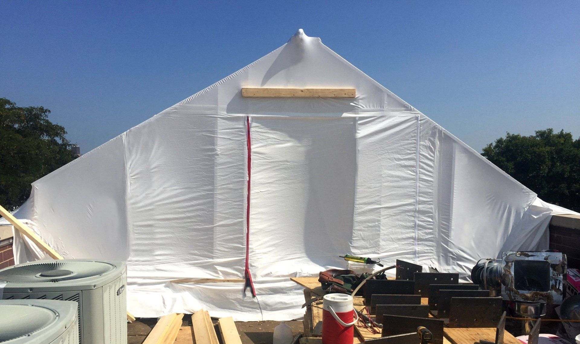 Interior of 365 Construction Tent big enough to store materials and tools