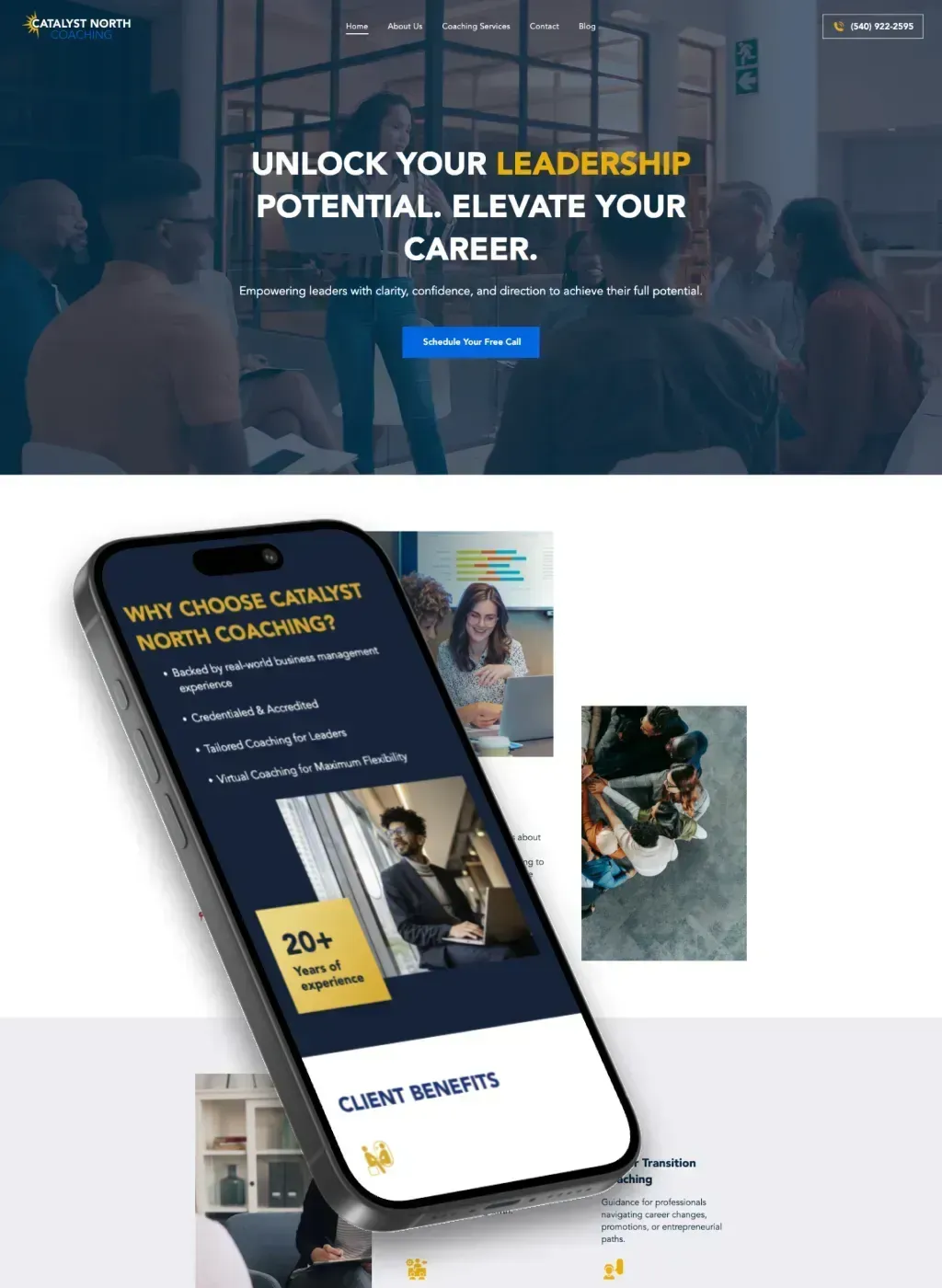 Website promoting leadership training, featuring a phone mockup with educational content.